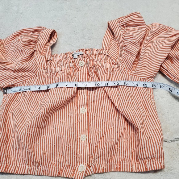 Madewell White Orange Striped Preppy Cottagecore Boho‎ Puff Sleeve Cropped Top S - Picture 7 of 8